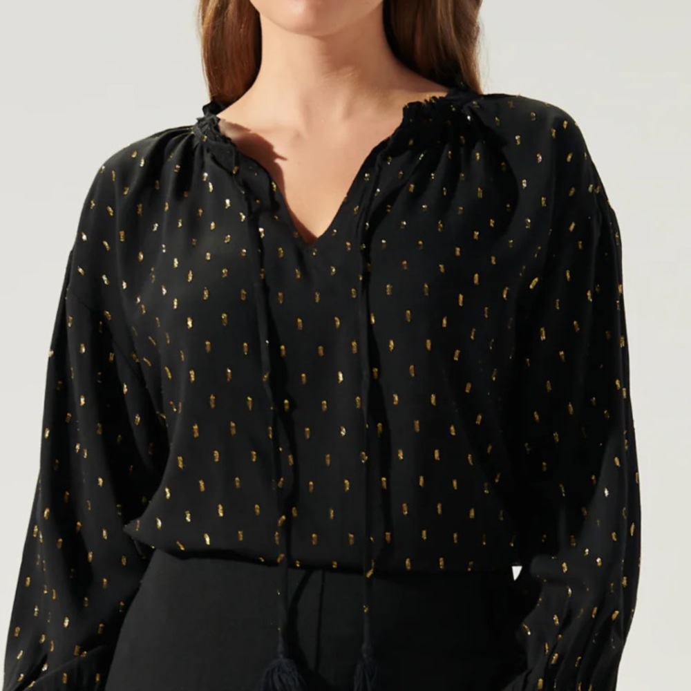 Sugarlips Black Long Sleeve Relaxed Blouse with Tie Front and Mandarin Collar